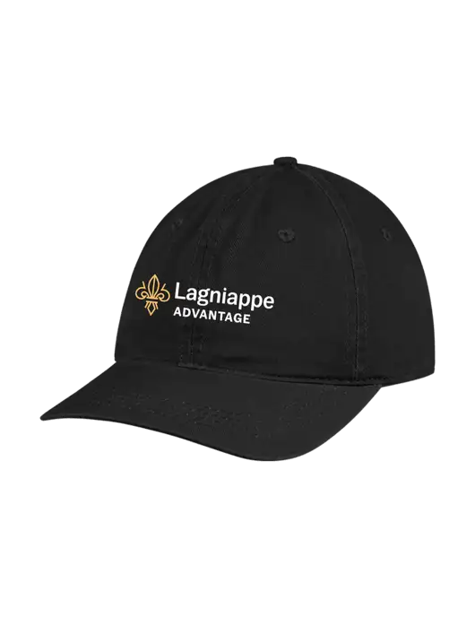 Garment Washed Unstructured Twill Black Cap w/Lagniappe Advantages Logo