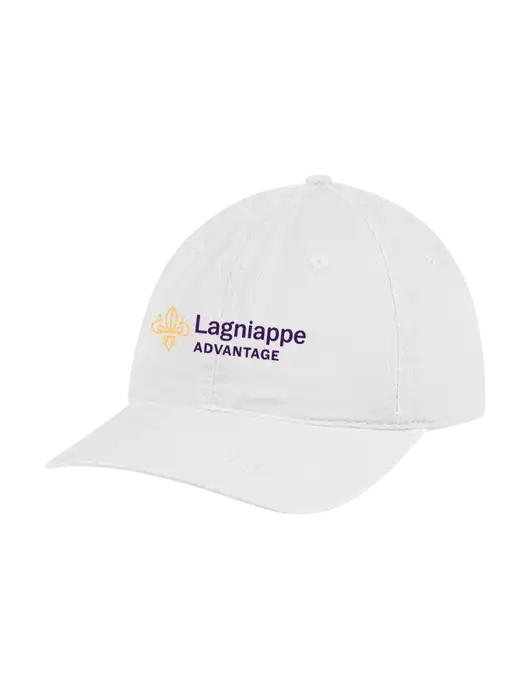 Garment Washed Unstructured Twill White Cap w/Lagniappe Advantages Logo
