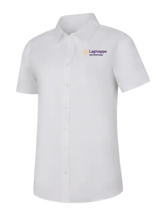 Womens White Short Sleeve Superpro React Twill Shirt w/Lagniappe Advantages Logo