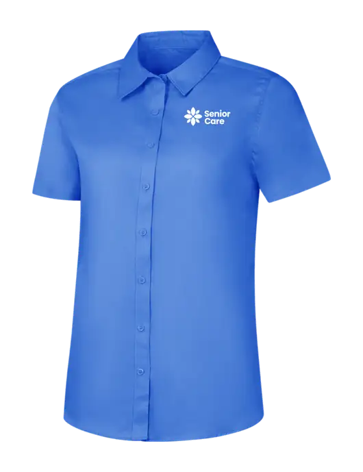 Womens Dark Carolina Blue Short Sleeve Superpro React Twill Shirt w/NHC Senior Care Logo