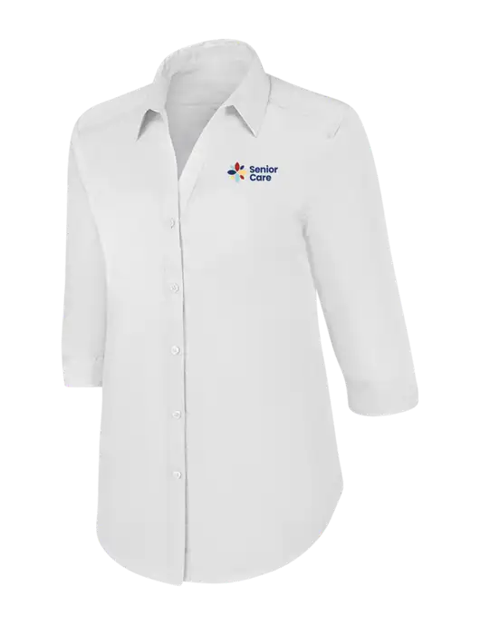 Womens White 3/4 Sleeve Carefree Poplin Shirt w/NHC Senior Care Logo