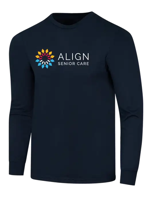 Simply Soft Long Sleeve Navy 4.5 oz, Poly/Combed Ring Spun Cotton T-Shirt w/Align Senior Care Logo