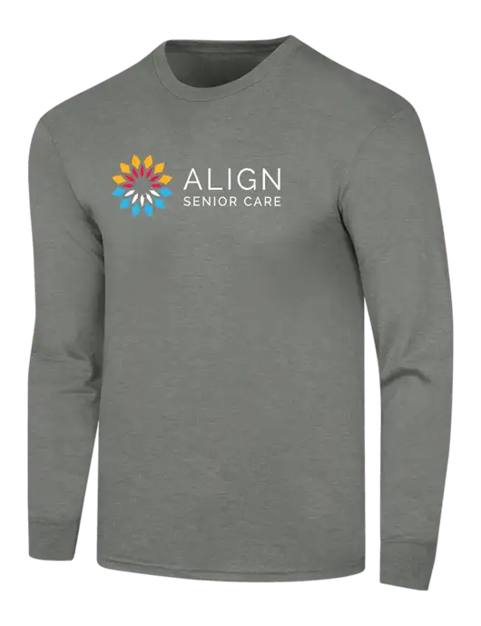 Simply Soft Long Sleeve Heathered Charcoal 4.5 oz, Poly/Combed Ring Spun Cotton T-Shirt w/Align Senior Care Logo