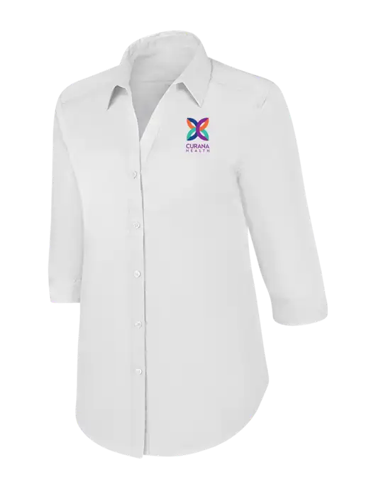 Womens White 3/4 Sleeve Carefree Poplin Shirt w/Curana Health Logo
