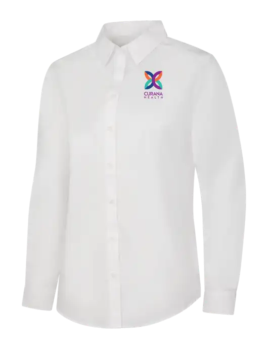 Womens White Long Sleeve Carefree Poplin Shirt w/Curana Health Logo