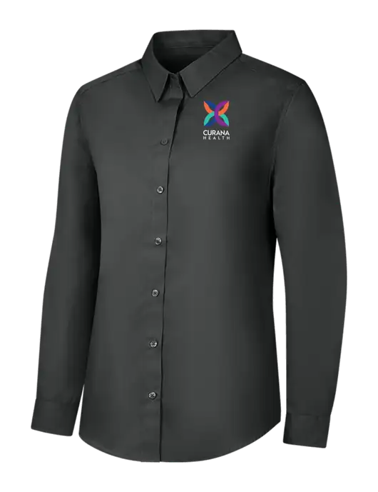 Womens Dark Grey Long Sleeve Carefree Poplin Shirt w/Curana Health Logo