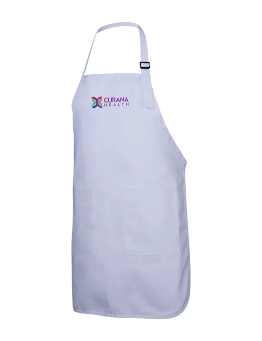 Full-Length White Apron With Pockets w/Curana Health Logo