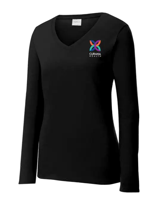 Womens V-Neck Ring Spun Jet Black 4.5 oz Long Sleeve T-Shirt w/Curana Health Logo