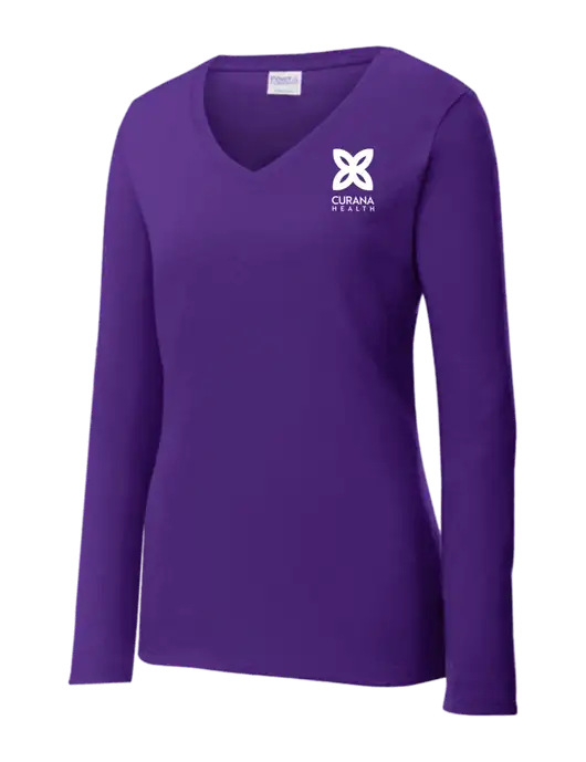 Womens  V-Neck Ring Spun Purple 4.5 oz Long Sleeve T-Shirt w/Curana Health Logo