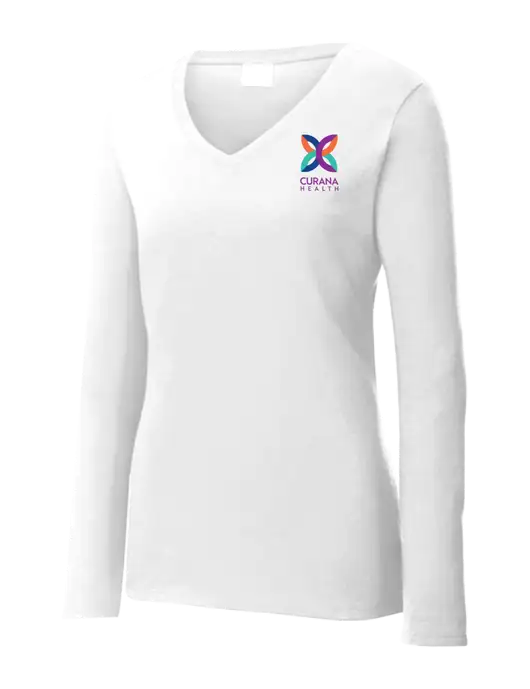 Womens  V-Neck Ring Spun White 4.5 oz Long Sleeve T-Shirt w/Curana Health Logo