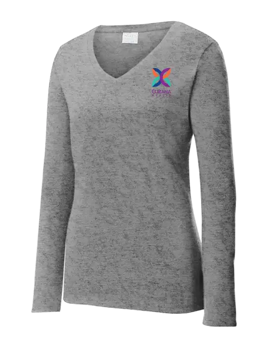 Womens  V-Neck Ring Spun Grey Heather 4.5 oz Long Sleeve T-Shirt w/Curana Health Logo