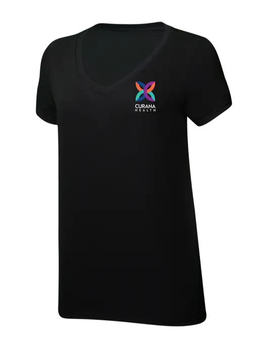 Womens Simply Soft V-Neck Black 4.5oz  Poly/Combed Ring Spun Cotton T-Shirt w/Curana Health Logo