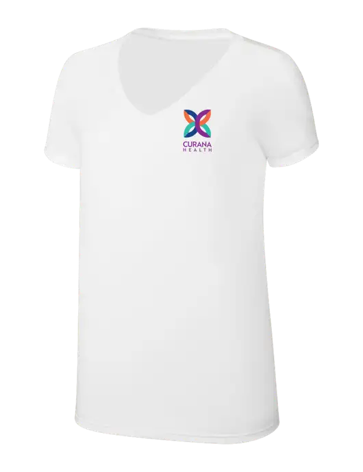Womens Simply Soft V-Neck White 4.5oz  Poly/Combed Ring Spun Cotton T-Shirt w/Curana Health Logo