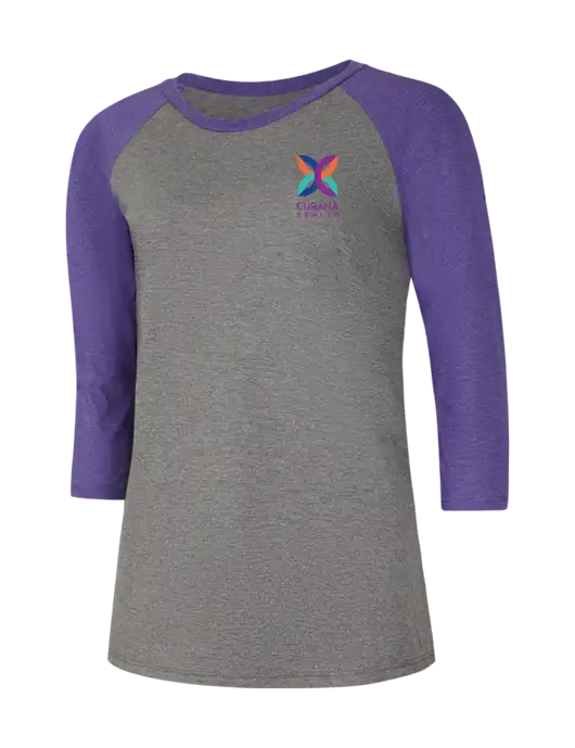 Womens Simply Soft 3/4 Sleeve Purple Frost/Grey Frost Ring Spun Cotton T-Shirt w/Curana Health Logo