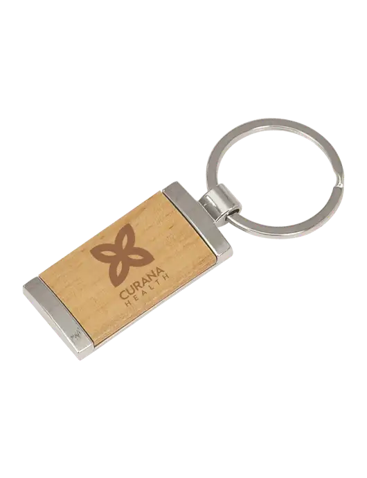 Wood & Silver Rectangle Keychain w/Curana Health Logo