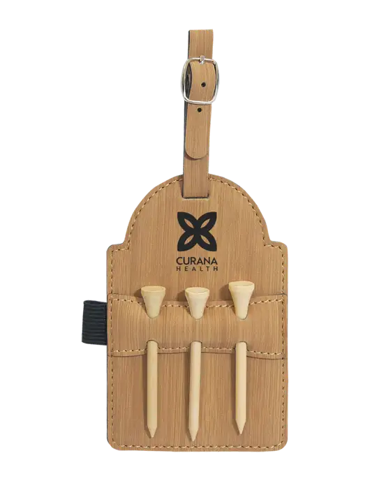 Bamboo Leatherette Golf Bag Tag with 3 Wooden Tees w/Curana Health Logo