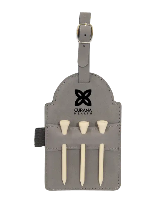 Grey Leatherette Golf Bag Tag with 3 Wooden Tees w/Curana Health Logo