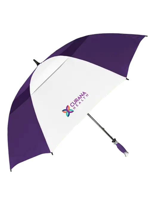 Purple/White Vented Typhoon Tamer Golf Umbrella w/Curana Health Logo