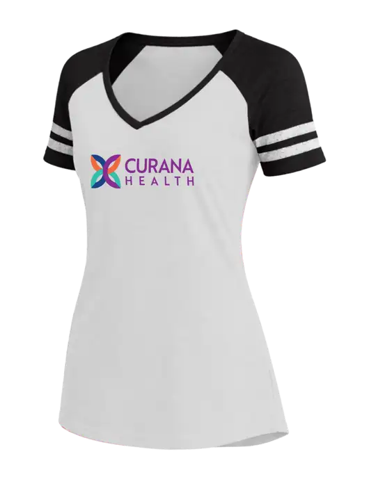 Womens White/Black V-Neck Game Tee w/Curana Health Logo
