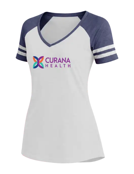 Womens White/Navy Heather V-Neck Game Tee w/Curana Health Logo