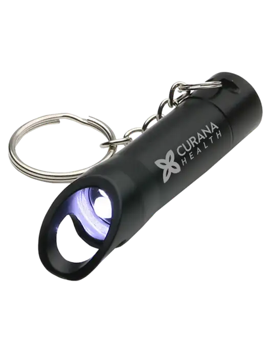 Black Pocket LED Flashlight with Bottle Opener & Keychain w/Curana Health Logo