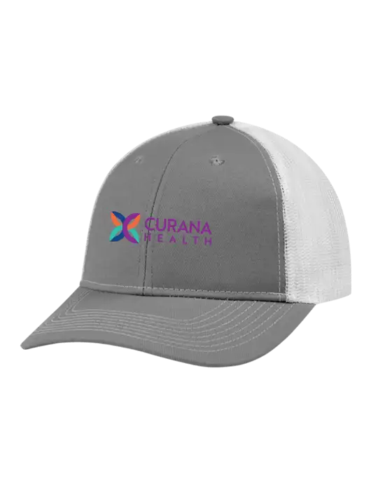 Snapback Ponytail Trucker Cap Light Medium Heather Grey w/White Mesh w/Curana Health Logo