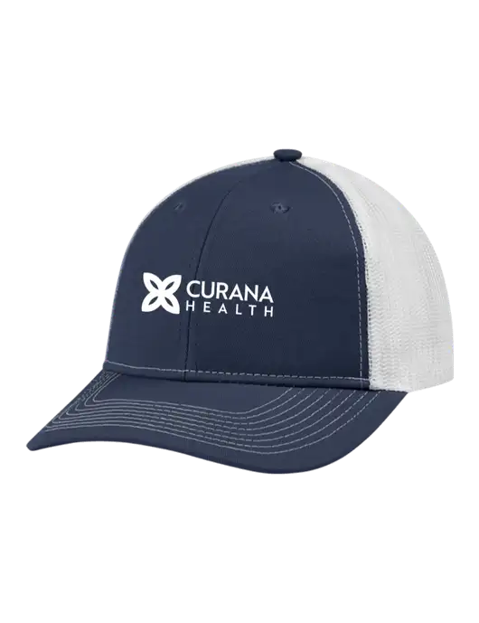 Snapback Ponytail Trucker Cap Navy w/White Mesh w/Curana Health Logo