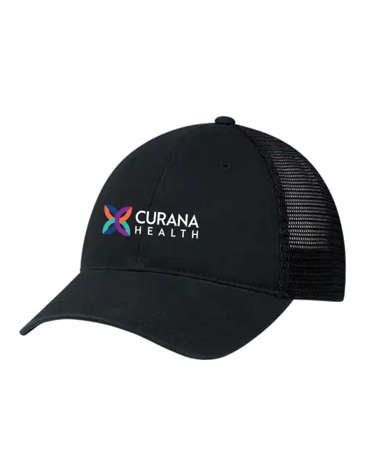 Richardson 111 Garment Washed Trucker Cap Black w/Black Mesh w/Curana Health Logo