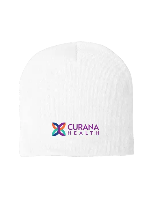 Solid White Element Knit Beanie w/Curana Health Logo
