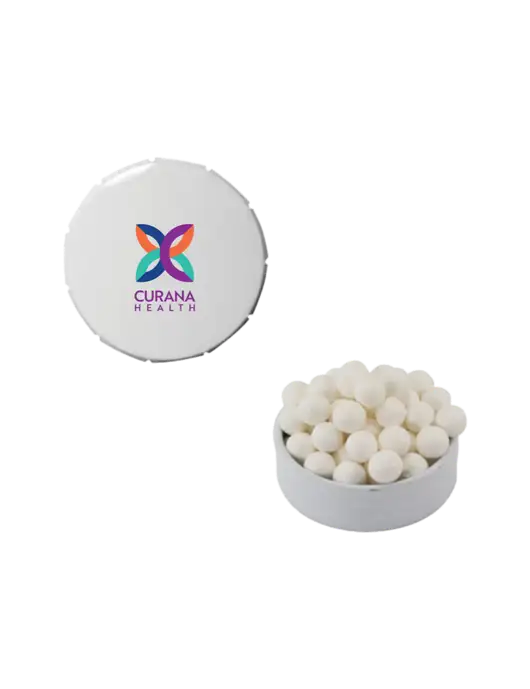 Signature Peppermints In White Snap Top Tin  w/Curana Health Logo