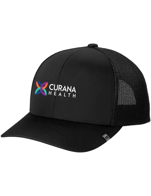 TravisMathew Black Cruz Trucker Cap w/Curana Health Logo