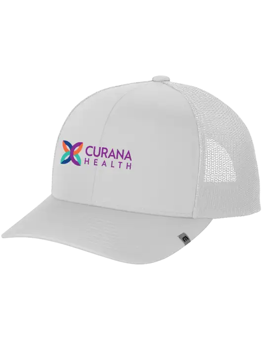 TravisMathew White Cruz Trucker Cap w/Curana Health Logo