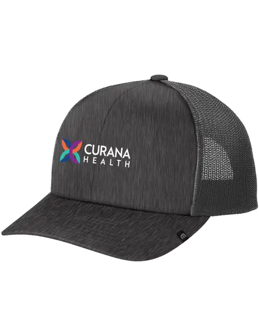 TravisMathew Very Dark Grey Heather Cruz Trucker Cap w/Curana Health Logo