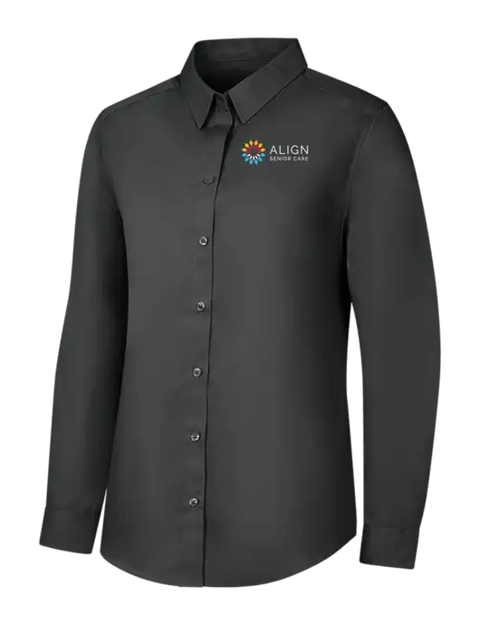 Womens Dark Grey Long Sleeve Carefree Poplin Shirt w/Align Senior Care Logo