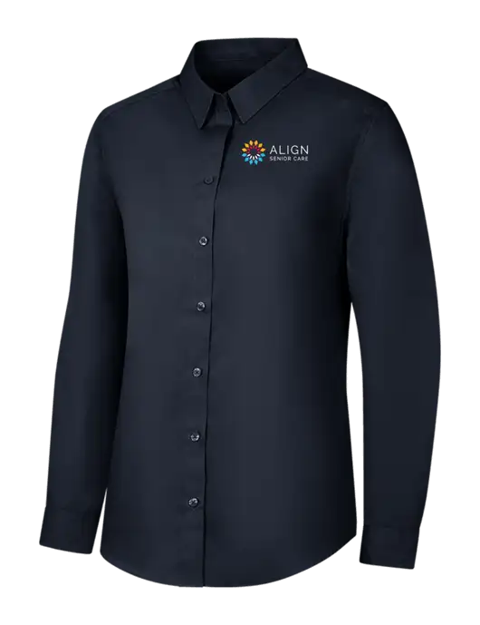 Womens River Blue Navy Long Sleeve Carefree Poplin Shirt w/Align Senior Care Logo